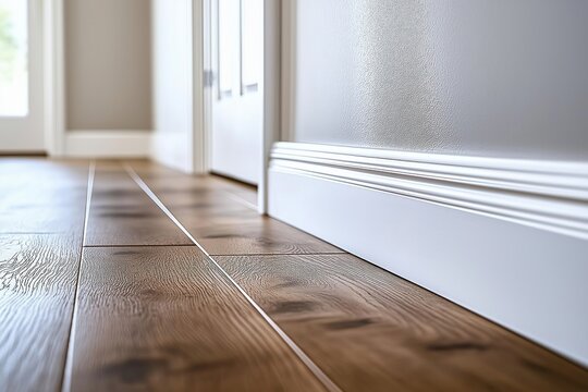 Close-up view of modern home interior design. White baseboard trim meets light brown wooden flooring. Clean lines, minimalist style. Home renovation new construction detail. Interior room scene