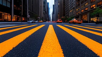 NYC Street Perspective: Vibrant yellow crosswalk stripes dominate the foreground, leading the eye down a New York City street lined with towering skyscrapers.