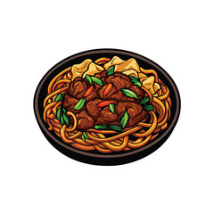 Create a vibrant vector illustration of Beef Chow Fun, showcasing wide, flat noodles, tender beef slices, and vibrant vegetables.  Emphasize rich textures and colors.