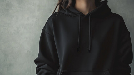 Detailed mockup of a plain black hoodie featuring a spacious front pocket, ready for logo or design placement.