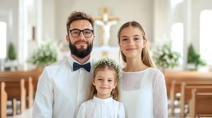family celebrating their child first communion in church setting, showcasing joy and togetherness. father, mother, and daughter are dressed elegantly, highlighting this special occasion