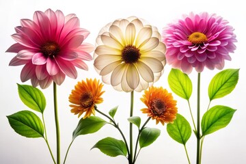 Fototapeta premium Silhouette Photography: Four Blooming Flowers, Delicate Petals, Lush Green Leaves, Growth Stages, White & Backgrounds