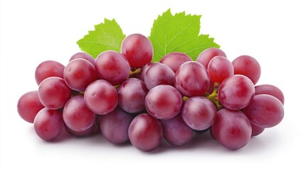 Bunch of Fresh Red Grapes with Green Leaves Isolated on White