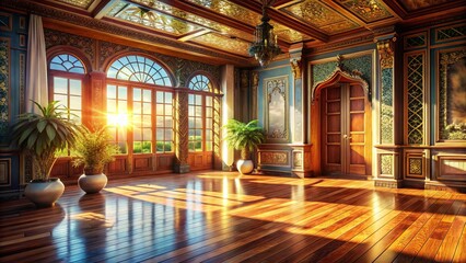Obraz premium Sunlit Wooden Floor Interior: Serene Architectural Details, Cultural Theme Stock Photo