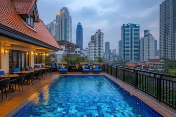 Fototapeta premium Urban Rooftop Pool with Cityscape Background
