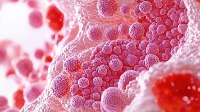 Microscopic view of human fat tissue. Many small round adipocytes clustered together. Pink, red colors illustrate cells, complex structures. Dynamic illustration shows fat cell morphology,