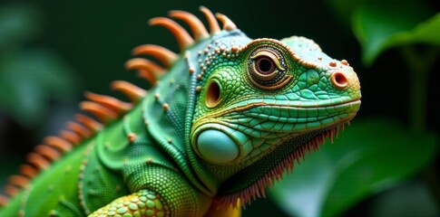 Fototapeta premium green iguana closeup head with spikes and scutes , reptile, spikes