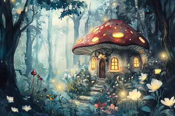 Obraz premium The image depicts a mystical forest scene with a large, glowing mushroom-shaped house at its center
