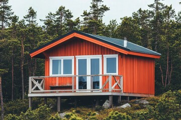 Vibrant Orange Cabin Amidst Green Pine Forest
