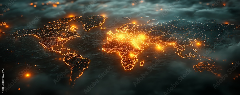 Poster a creative 3d mockup of a digital world map with glowing points and illuminated connections, represe