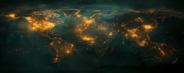 Obraz premium A creative 3D mockup of a digital world map with glowing points and illuminated connections, representing global networks and connections on a dark background