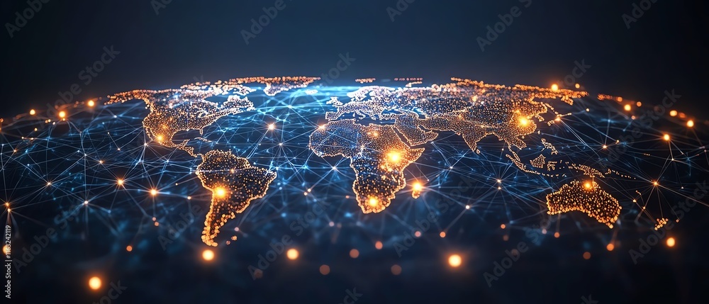 Poster a creative 3d mockup of a digital world map with glowing points and illuminated connections, represe