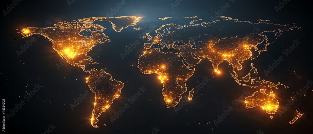 Poster a creative 3d mockup of a digital world map with glowing points and illuminated connections, represe