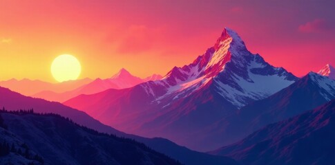 Glowing mountain peaks in a stylized sunset landscape , fantasy, glow