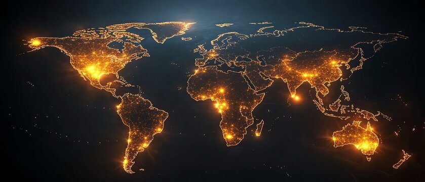 Fototapeta A creative 3D mockup of a digital world map with glowing points and illuminated connections, representing global networks and connections on a dark background