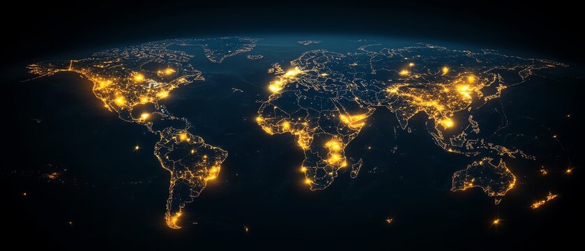 Fototapeta A creative 3D mockup of a digital world map with glowing points and illuminated connections, representing global networks and connections on a dark background