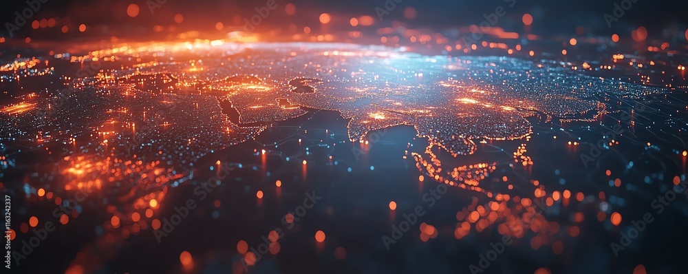 Poster a dynamic 3d rendering of a digital world map with illuminated lights, symbolizing global connection