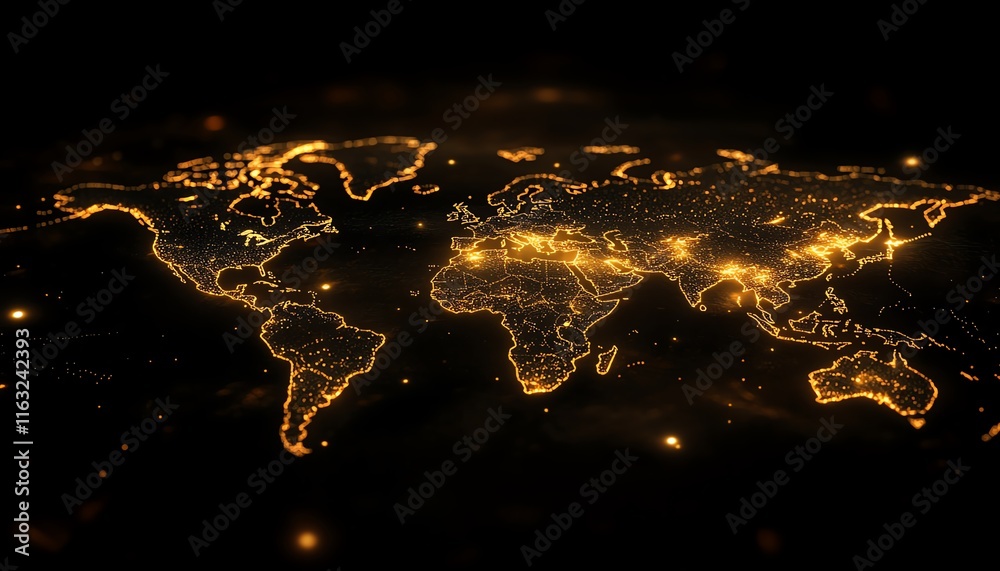 Poster a dynamic 3d rendering of a digital world map with illuminated lights, symbolizing global connection
