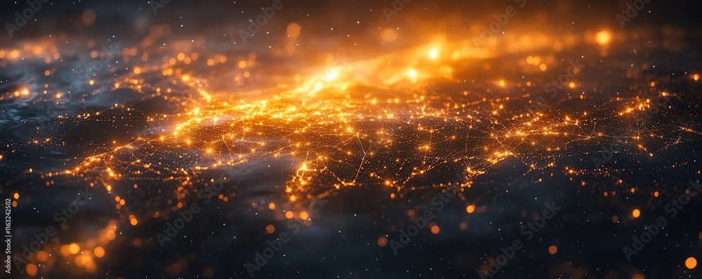 Poster a dynamic 3d visualization of a glowing world map outline, representing big data and internet techno