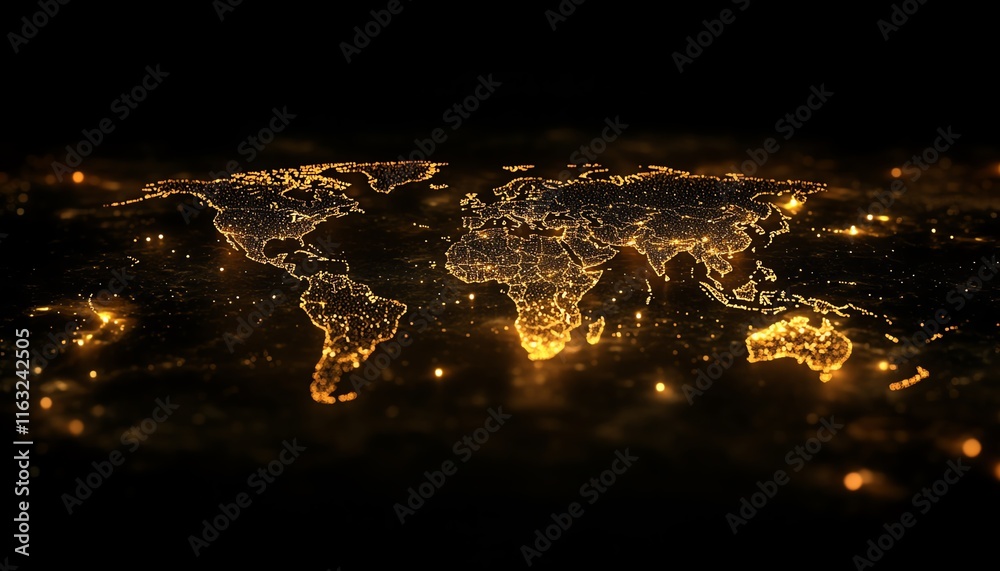 Poster a dynamic 3d rendering of a digital world map with illuminated lights, symbolizing global connection