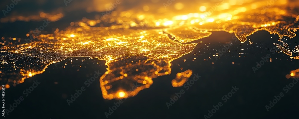 Poster a dynamic 3d rendering of a digital world map with illuminated lights, symbolizing global connection