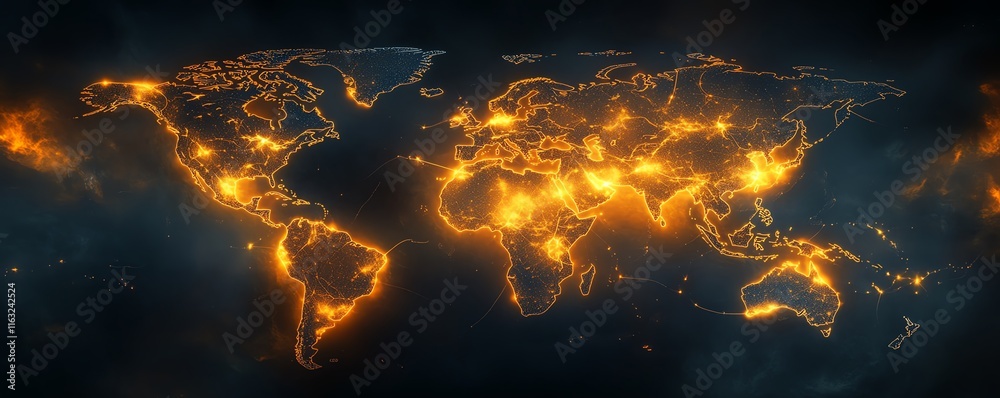 Poster a dynamic 3d visualization of a glowing world map outline, representing big data and internet techno