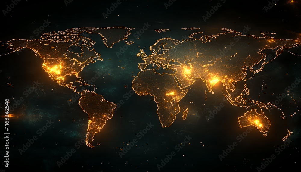 Poster a dynamic 3d rendering of a digital world map with illuminated lights, symbolizing global connection