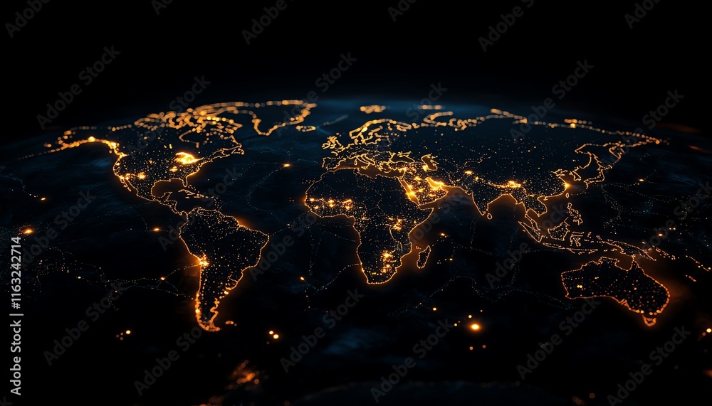 Poster a futuristic 3d visualization of a digital world map with glowing connections and lights, representi
