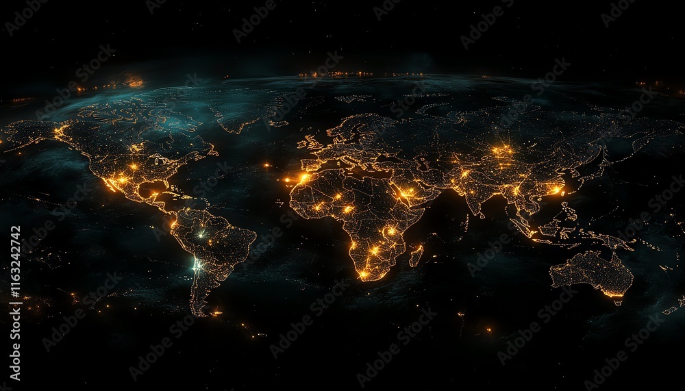 Poster a futuristic 3d visualization of a digital world map with glowing connections and lights, representi