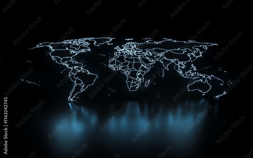Poster a futuristic 3d visualization of a digital world map with glowing connections and lights, representi