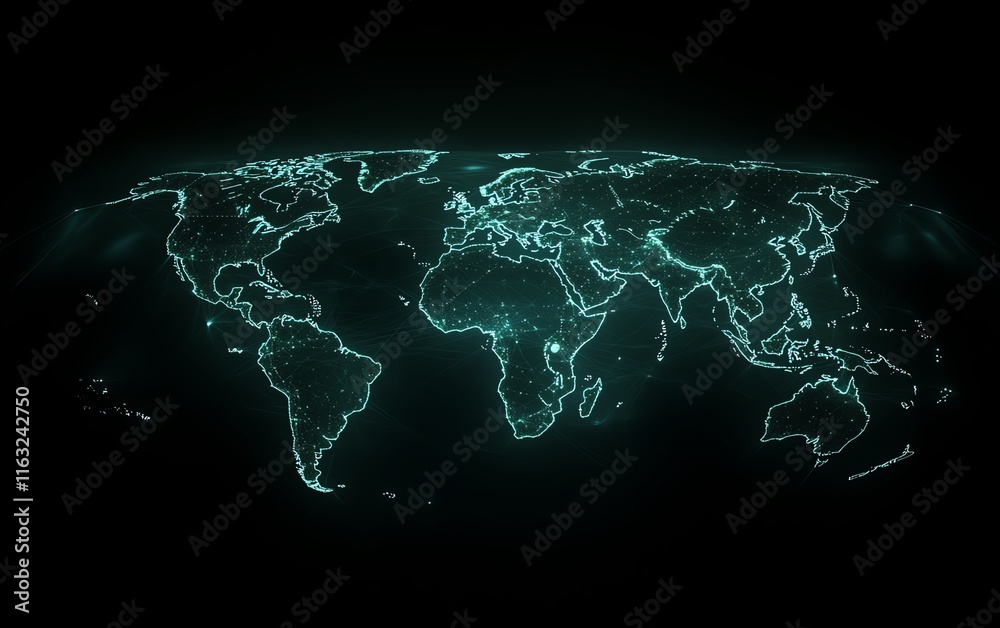 Poster a futuristic 3d visualization of a digital world map with glowing connections and lights, representi