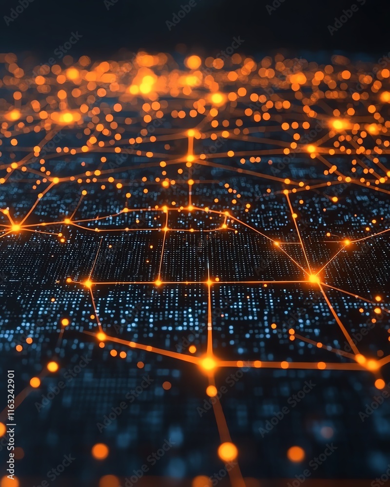 Poster a futuristic 3d visualization of a digital world map with glowing connections and lights, representi