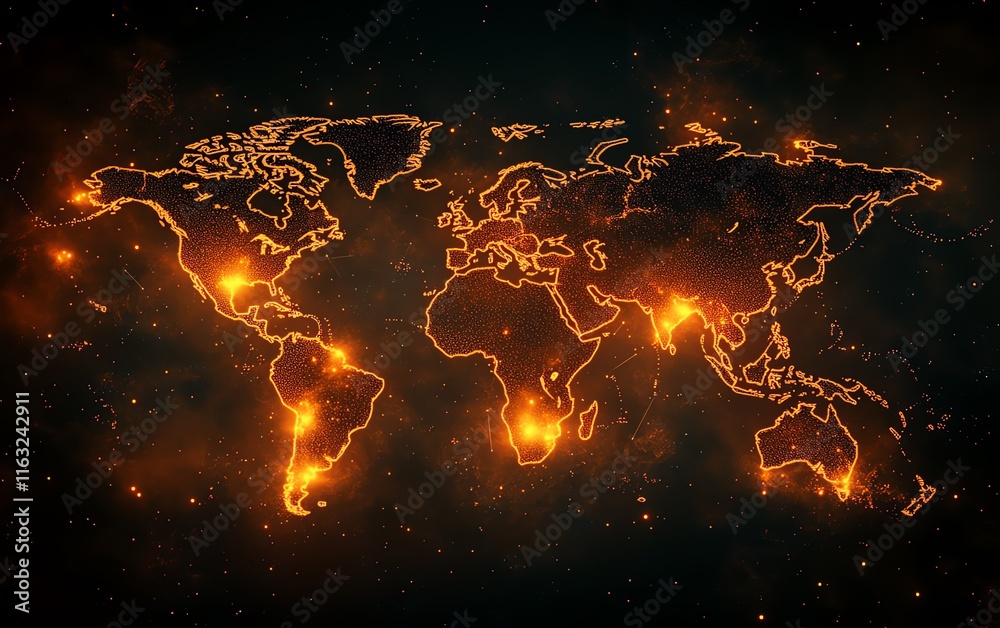 Poster a futuristic 3d visualization of a digital world map with glowing connections and lights, representi