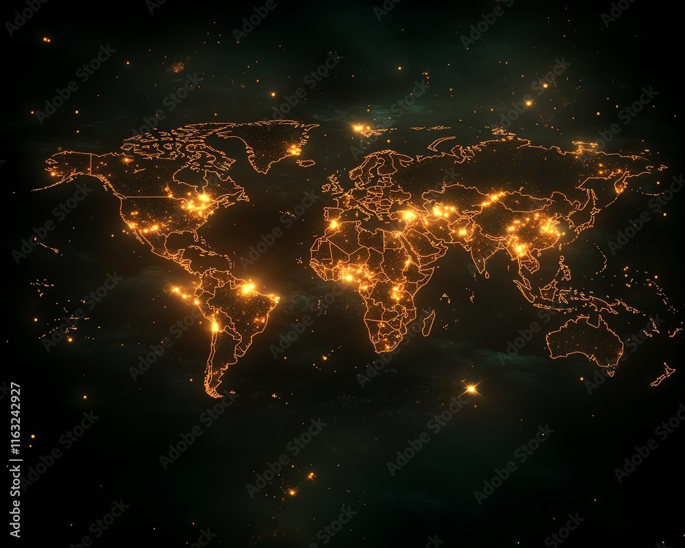 Poster a futuristic 3d visualization of a digital world map with glowing connections and lights, representi