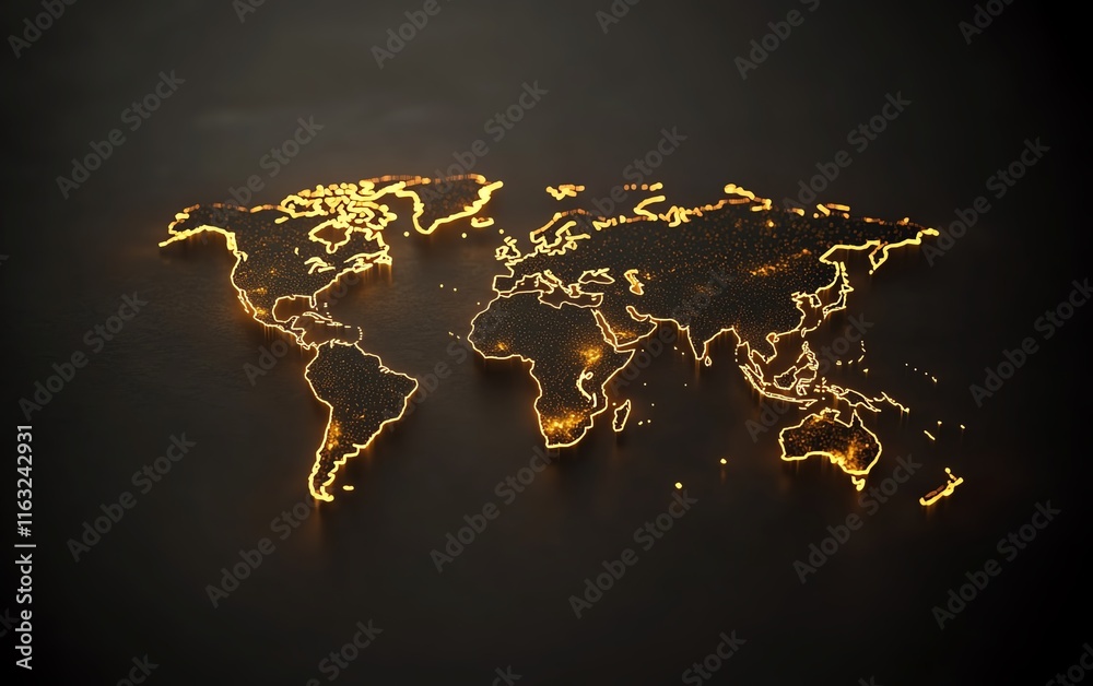 Poster a futuristic 3d visualization of a digital world map with glowing connections and lights, representi