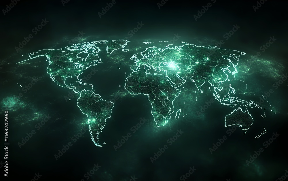 Poster a futuristic 3d visualization of a digital world map with glowing connections and lights, representi