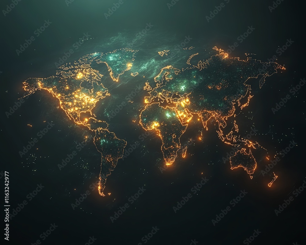Poster a futuristic 3d visualization of a digital world map with glowing connections and lights, representi