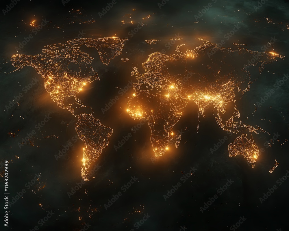 Poster a futuristic 3d visualization of a digital world map with glowing connections and lights, representi