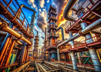 Worm's Eye View Industrial Complex: Oil Refinery Chemical Plant Panorama, Gigantic Pipes, Steel Structures, Processing Units