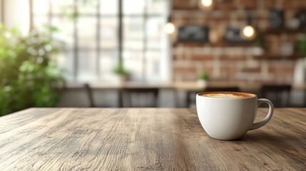 Fototapeta premium white coffee cup sits on wooden table in cozy cafe, surrounded by greenery and warm lighting, creating peaceful atmosphere for relaxation
