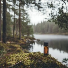Essential Oil Bottle in Misty Forest Landscape