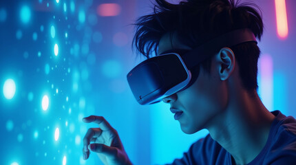 Virtual reality user wearing a headset surrounded by glowing blue visuals.