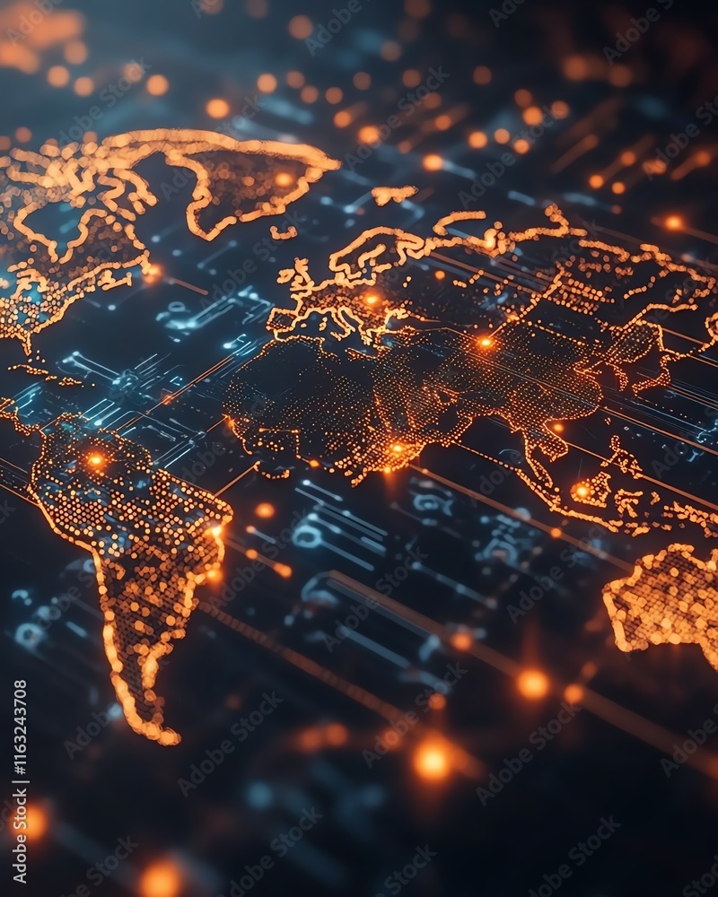 Poster a modern 3d rendering of a world map with luminous lights and digital connections, illustrating glob