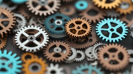 Colorful gears and cogs arranged in a captivating industrial pattern.