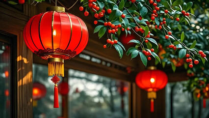 Red Chinese lanterns hanging from tree branches with red berries background