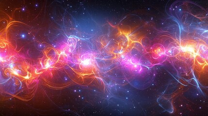 Fototapeta premium An ethereal abstract of glowing orbs suspended in swirling nebulas, illuminated by soft radiant beams of light in pastel hues of teal, lavender, and peach. Add faint glitter particles to enhance 