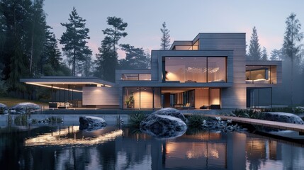 Modern house by the beautiful river, AI generated image