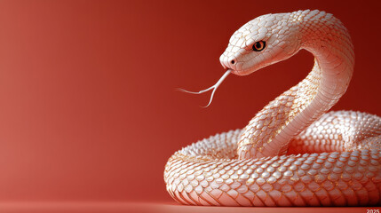 Fototapeta premium golden snake coiled elegantly against warm red background, showcasing its intricate scales and striking features. snake poised stance and flicking tongue evoke sense of intrigue and beauty