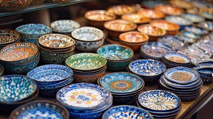 Colorful handmade ceramic bowls and plates displayed on shelves.