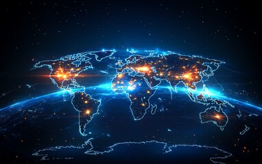 A striking 3D design of a digital world map with radiant lights, highlighting global connection and network systems, set against a dark, techinspired backdrop